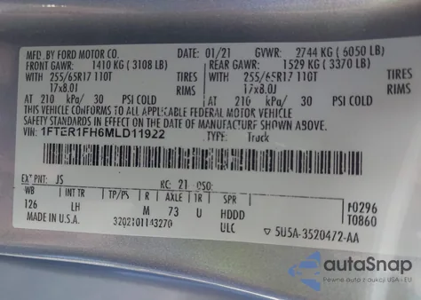 2021 Ford Ranger Xlt z USA, uszkodzony, nr VIN 1FTER1FH6MLD11922